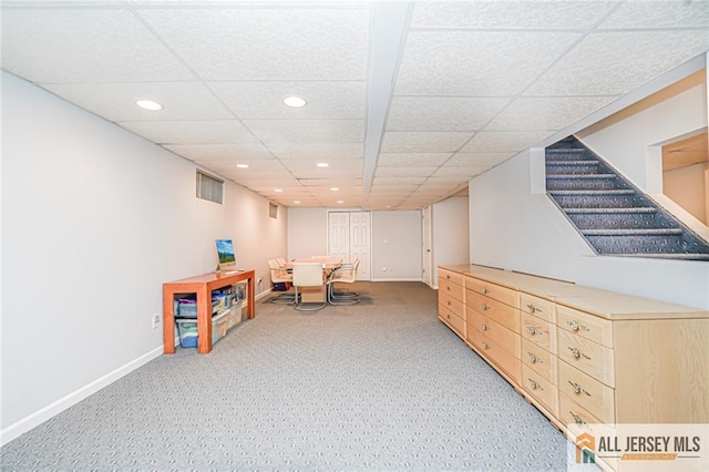 5 Leighton Dr, East Brunswick, NJ 08816 - living area featuring recessed lighting, light colored carpet, stairway, and a drop ceiling