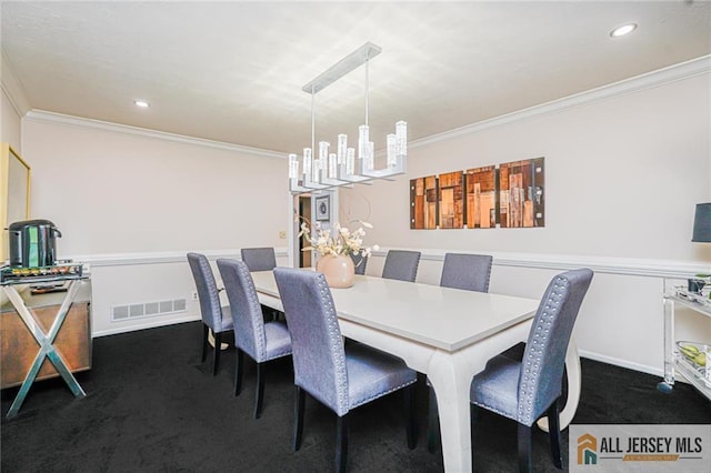 5 Leighton Dr, East Brunswick, NJ 08816 - dining space with dark colored carpet, crown molding, a chandelier, and recessed lighting