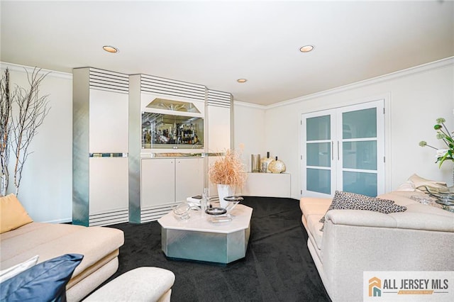 5 Leighton Dr, East Brunswick, NJ 08816 - carpeted living room with ornamental molding, french doors, and recessed lighting
