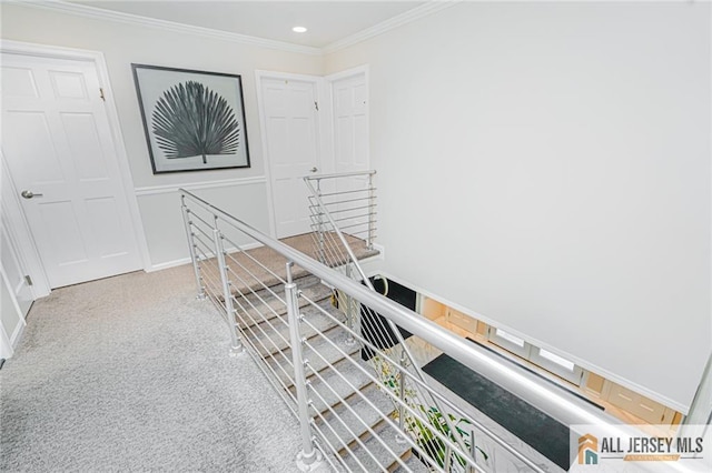 5 Leighton Dr, East Brunswick, NJ 08816 - hallway with an upstairs landing, ornamental molding, carpet flooring, and recessed lighting
