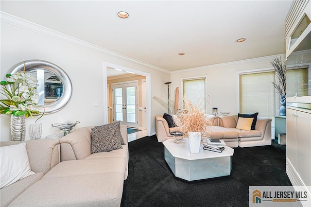 5 Leighton Dr, East Brunswick, NJ 08816 - living room featuring dark colored carpet, ornamental molding, and recessed lighting