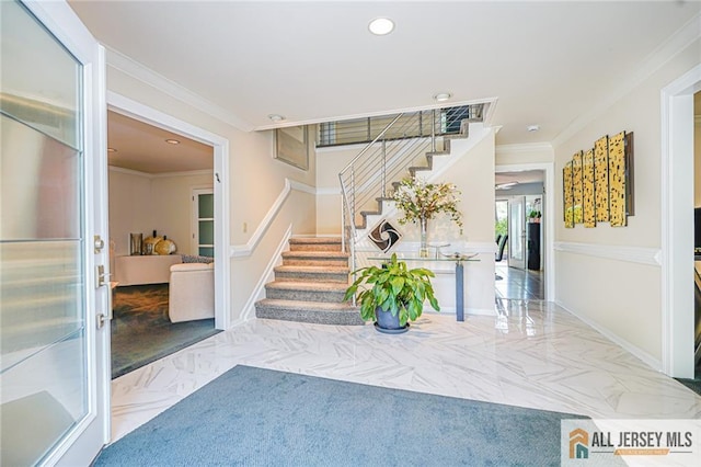 5 Leighton Dr, East Brunswick, NJ 08816 - foyer with stairs, marble finish flooring, ornamental molding, and recessed lighting