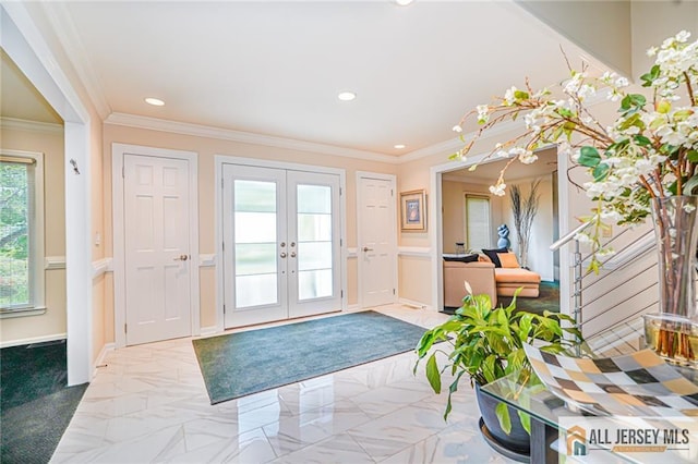 5 Leighton Dr, East Brunswick, NJ 08816 - foyer with french doors, marble finish flooring, recessed lighting, and crown molding