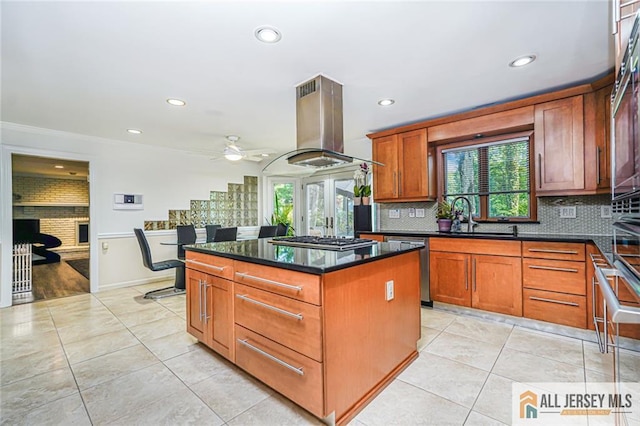 5 Leighton Dr, East Brunswick, NJ 08816 - kitchen featuring island range hood, plenty of natural light, a ceiling fan, stainless steel appliances, and recessed lighting