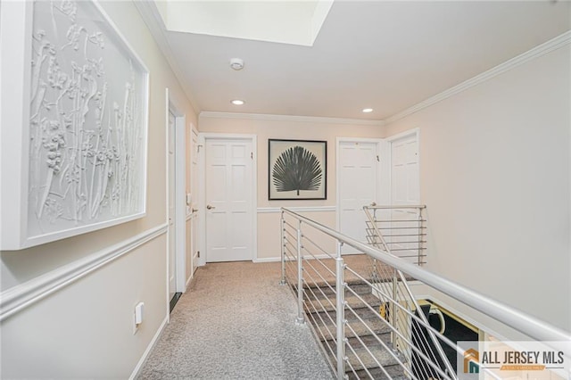 5 Leighton Dr, East Brunswick, NJ 08816 - hallway with an upstairs landing, crown molding, recessed lighting, and carpet
