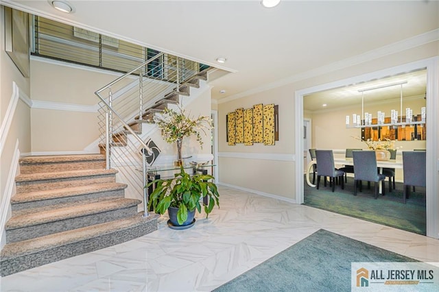 5 Leighton Dr, East Brunswick, NJ 08816 - stairs featuring recessed lighting, ornamental molding, a chandelier, and carpet flooring
