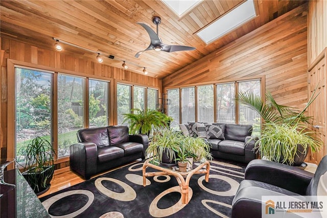 5 Leighton Dr, East Brunswick, NJ 08816 - living area featuring rail lighting, a skylight, wooden walls, wooden ceiling, and vaulted ceiling