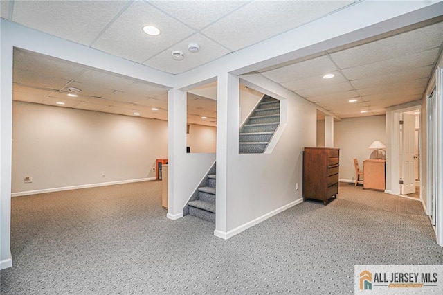 5 Leighton Dr, East Brunswick, NJ 08816 - finished below grade area with a drop ceiling, stairway, carpet flooring, and recessed lighting