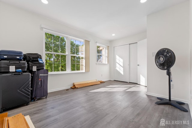 exercise area featuring recessed lighting, a healthy amount of sunlight, and wood finished floors