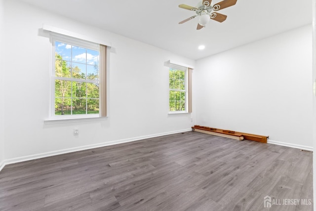 spare room featuring a ceiling fan, baseboards, plenty of natural light, and wood finished floors