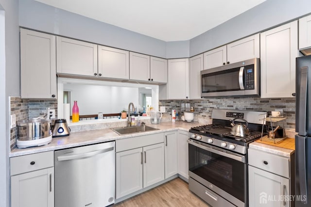 kitchen with appliances with stainless steel finishes, a sink, light countertops, light wood-type flooring, and backsplash
