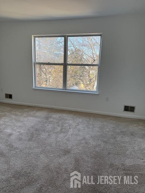 empty room with a healthy amount of sunlight, visible vents, and carpet flooring