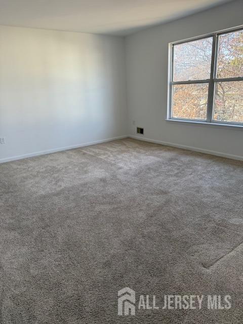 carpeted spare room featuring visible vents and baseboards