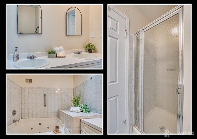 bathroom featuring separate shower and tub and sink