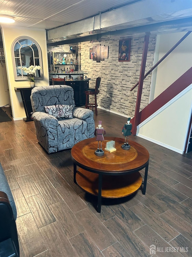 741 Bound Brook Rd, Dunellen, NJ 08812 - living room with a bar, wood finished floors, and stairs