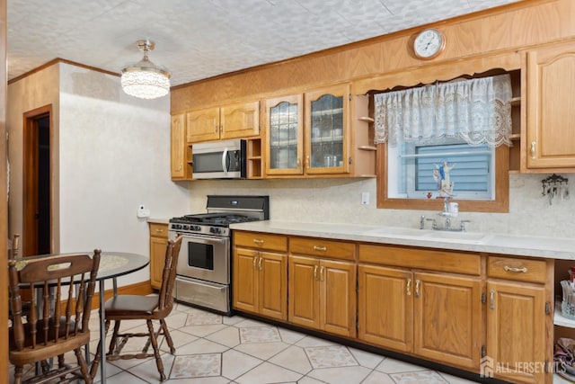 113 Coleman St, Middlesex, NJ 08846 - kitchen with appliances with stainless steel finishes, open shelves, light countertops, light tile patterned flooring, and glass insert cabinets
