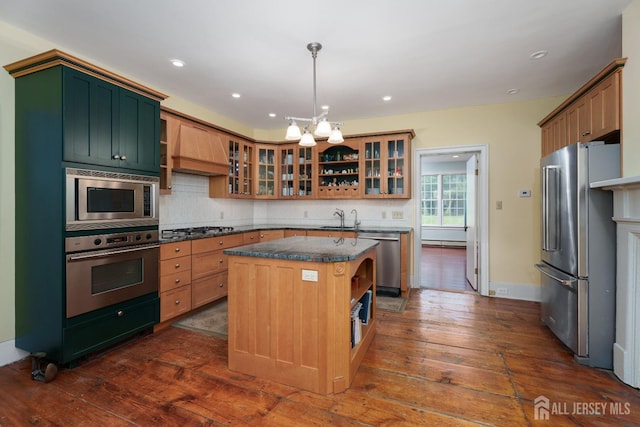 kitchen with stainless steel appliances, open shelves, a sink, and premium range hood