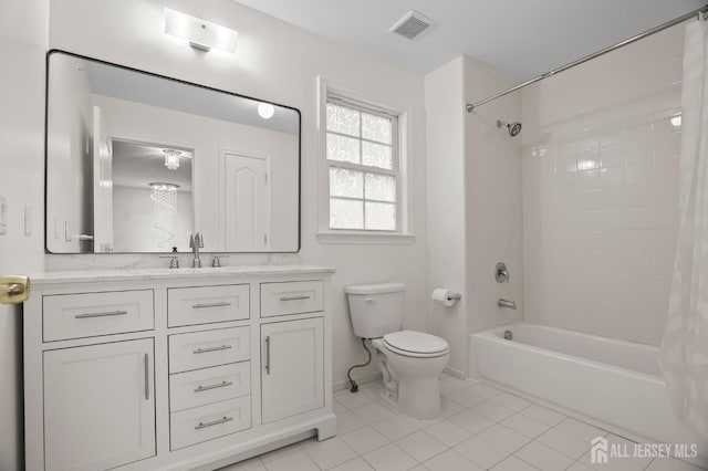 full bathroom with toilet, tile patterned floors, vanity, and shower / bathtub combination with curtain