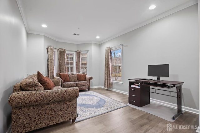 living room with crown molding and wood-type flooring