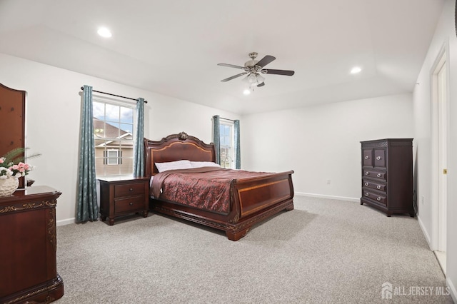 carpeted bedroom featuring ceiling fan