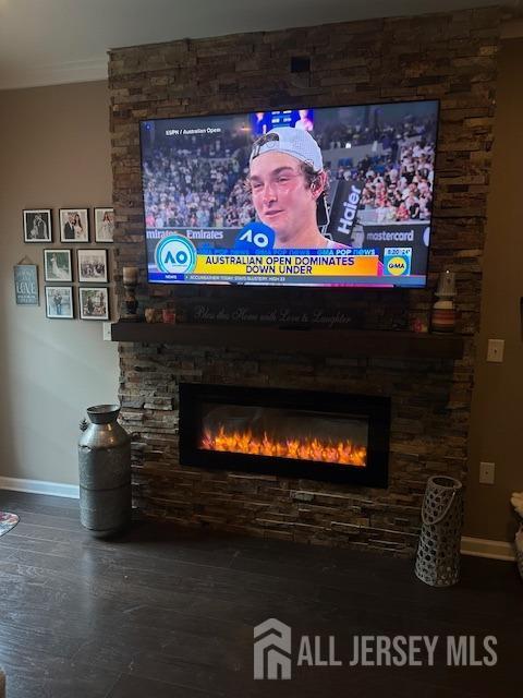 138 N Grabowski Dr Unit 1490, Sayreville, NJ 08859 - detailed view of a fireplace, wood finished floors, and crown molding
