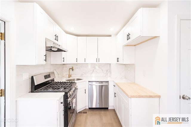 kitchen featuring appliances with stainless steel finishes, light countertops, a sink, and under cabinet range hood