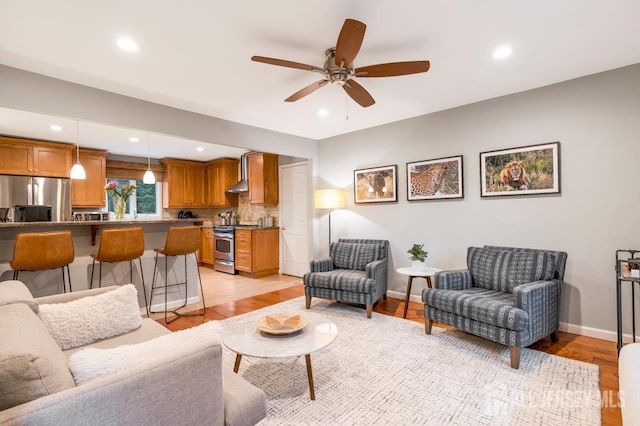 16 Russet Rd, South Brunswick, NJ 08824 - living room featuring a ceiling fan, light wood-style flooring, and recessed lighting