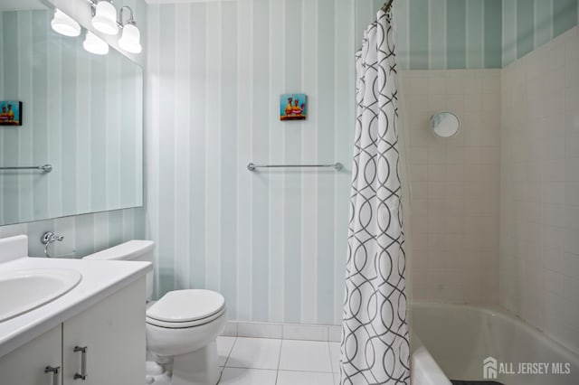 1301 Cypress Ln, East Brunswick, NJ 08816 - bathroom with vanity, shower / bath combo with shower curtain, wallpapered walls, and tile patterned flooring