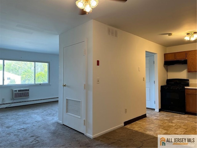 414 Cricket Ln Unit 414, Woodbridge Proper, NJ 07095 - kitchen featuring black gas range oven, a baseboard heating unit, brown cabinets, light carpet, and under cabinet range hood