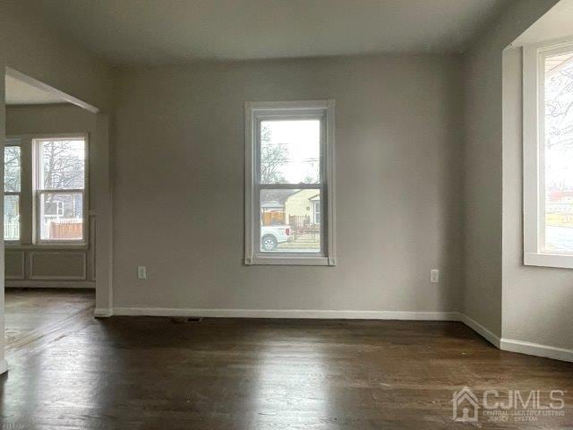 spare room with baseboards, dark wood-type flooring, and a healthy amount of sunlight