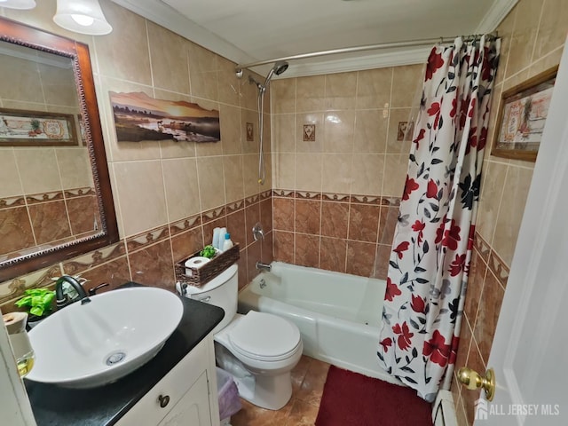 323 Gill Ln Unit 12Q, Iselin, NJ 08830 - full bath featuring tile walls, shower / bath combo, vanity, and tile patterned floors