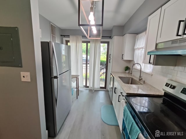 323 Gill Ln Unit 12Q, Iselin, NJ 08830 - kitchen featuring stainless steel range with electric stovetop, freestanding refrigerator, electric panel, under cabinet range hood, and white cabinets
