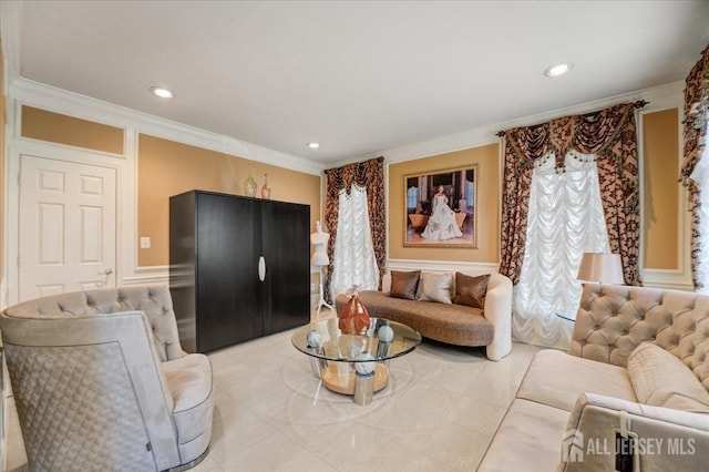 6 Lexington Ct, Monroe, NJ 08831 - living room featuring ornamental molding, recessed lighting, a wainscoted wall, and light tile patterned floors