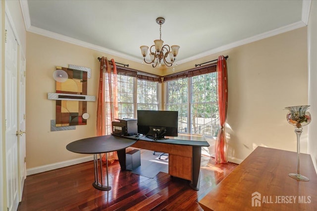 6 Lexington Ct, Monroe, NJ 08831 - office space featuring dark wood-style flooring, a chandelier, baseboards, and crown molding