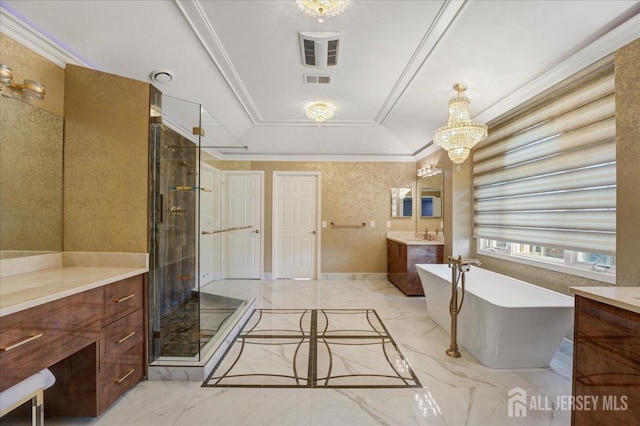 6 Lexington Ct, Monroe, NJ 08831 - bathroom featuring marble finish flooring, a stall shower, a soaking tub, a chandelier, and vanity