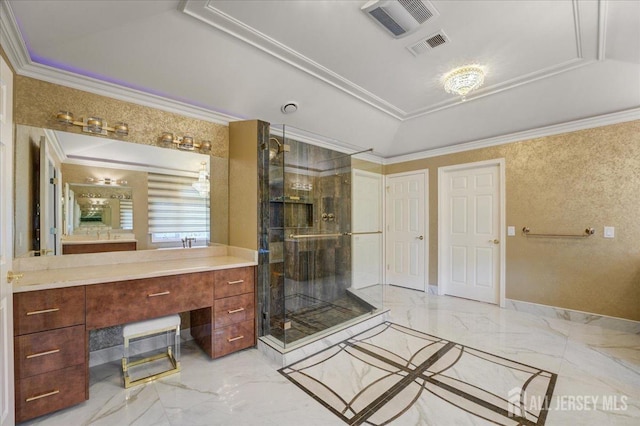6 Lexington Ct, Monroe, NJ 08831 - full bath featuring a shower stall, marble finish floor, vanity, and visible vents