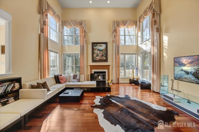 6 Lexington Ct, Monroe, NJ 08831 - living area with a towering ceiling, healthy amount of natural light, a glass covered fireplace, wood finished floors, and recessed lighting