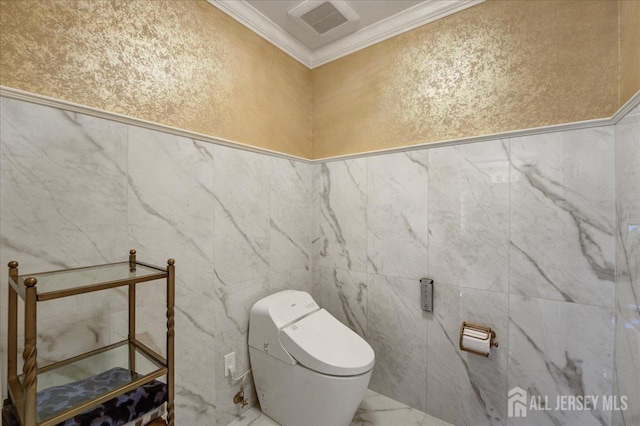 6 Lexington Ct, Monroe, NJ 08831 - bathroom with crown molding, marble finish flooring, tile walls, and toilet