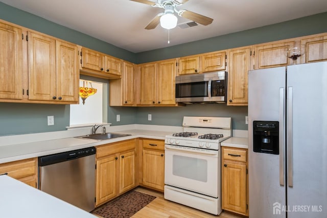170 Vasser Dr, Piscataway, NJ 08854 - kitchen featuring stainless steel appliances, light countertops, ceiling fan, light wood-style floors, and light brown cabinets