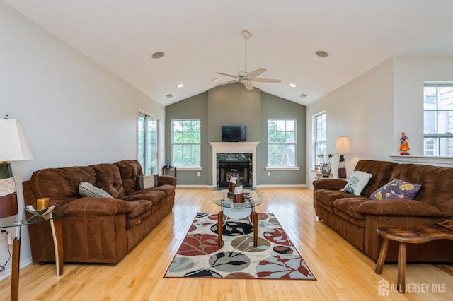 170 Vasser Dr, Piscataway, NJ 08854 - living area with light wood-style flooring, ceiling fan, high vaulted ceiling, a fireplace, and recessed lighting