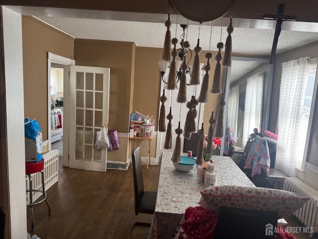 dining area with wood finished floors, radiator heating unit, a textured ceiling, and french doors