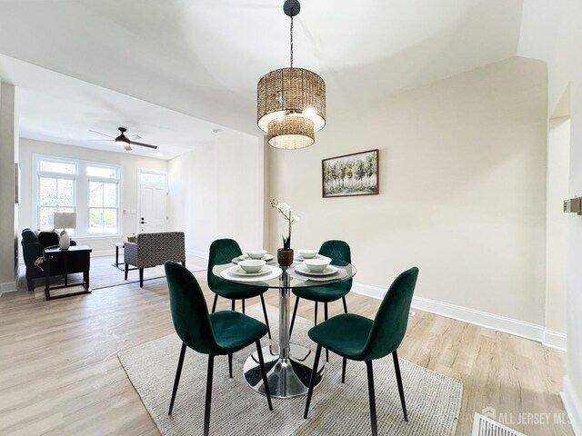 dining area with ceiling fan and light wood-type flooring