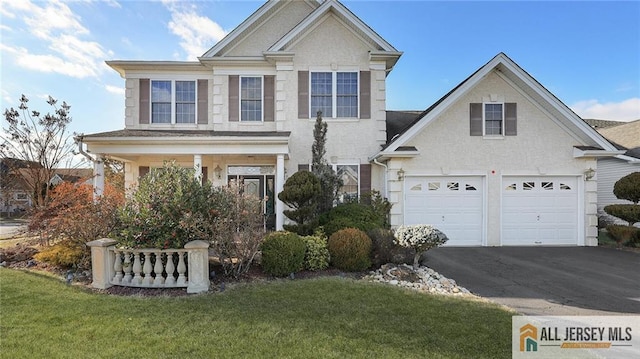 view of front of home with a front yard, driveway, and an attached garage