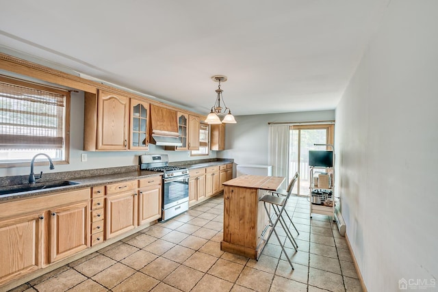 kitchen with a sink, glass insert cabinets, light brown cabinets, and stainless steel gas range oven