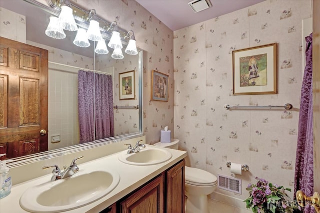 97 Fairway Blvd, Monroe, NJ 08831 - bathroom with double vanity, wallpapered walls, tile patterned floors, and a shower with curtain
