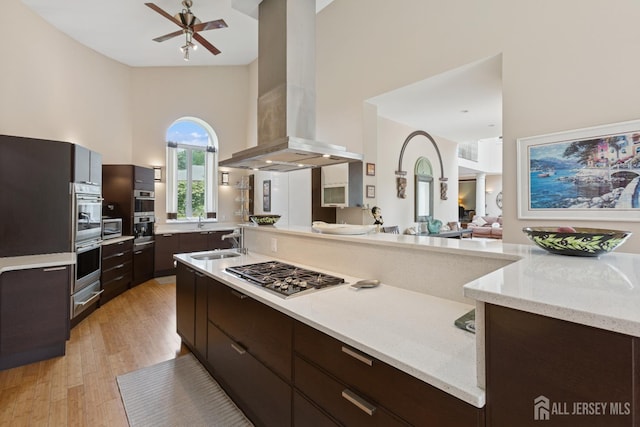 27 Mare Haven Ct, North Brunswick, NJ 08902 - kitchen with a high ceiling, appliances with stainless steel finishes, exhaust hood, modern cabinets, and dark brown cabinets