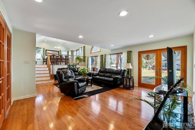 53 Rath Ln, East Brunswick, NJ 08816 - living area featuring stairs, light wood-style flooring, recessed lighting, and lofted ceiling