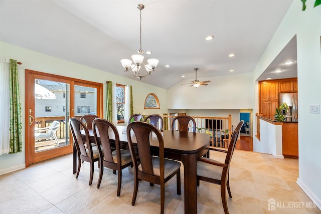 53 Rath Ln, East Brunswick, NJ 08816 - dining area featuring a chandelier, a ceiling fan, light tile patterned flooring, lofted ceiling, and recessed lighting