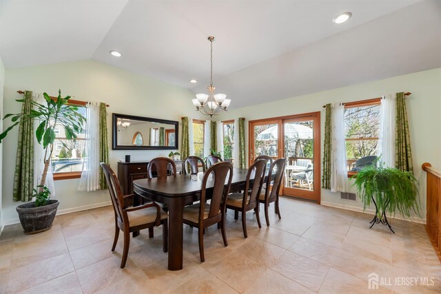 53 Rath Ln, East Brunswick, NJ 08816 - dining area featuring vaulted ceiling, a chandelier, light tile patterned flooring, and recessed lighting