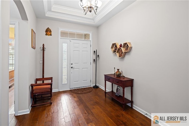 foyer entrance featuring a healthy amount of sunlight, crown molding, a raised ceiling, and hardwood / wood-style floors